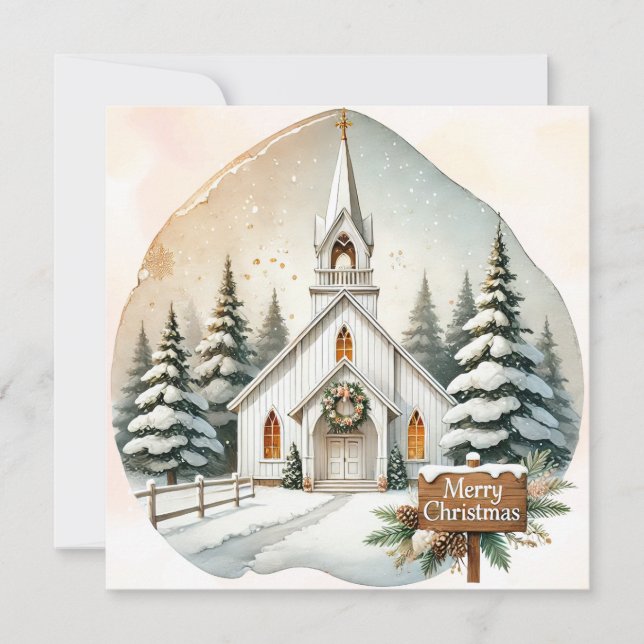 Countryside White Chapel | Night Christmas Scene Holiday Card (Front)