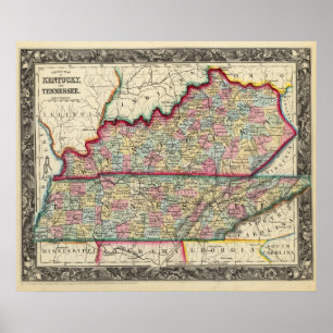 County Map Of Kentucky, And Tennessee Poster