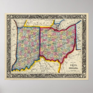 County Map Of Ohio, And Indiana Poster