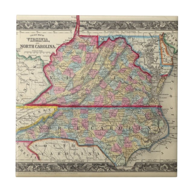 County Map Of Virginia, and North Carolina Ceramic Tile (Front)