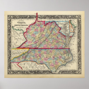 County Map Of Virginia, and North Carolina Poster