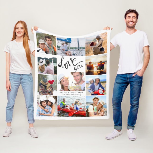 Couple 11 Photo Collage Love You Script Heart Fleece Blanket (In Situ)