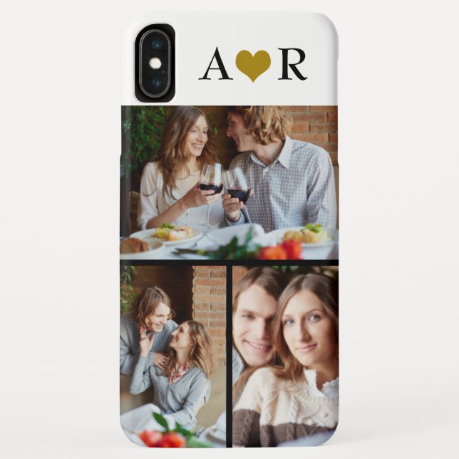 Couple 3 Photo Collage Custom Monogram Gold Heart Case-Mate iPhone Case (Back)