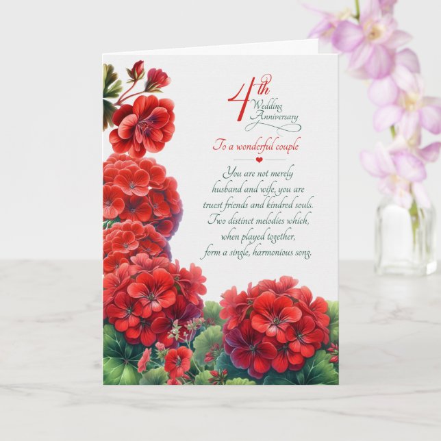 Couple 4th Anniversary Sentimental Red Geraniums Card (Orchid)
