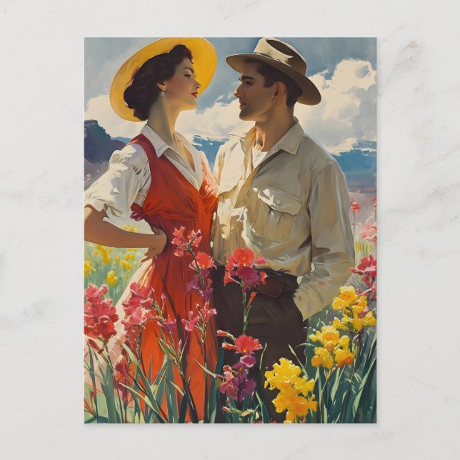 Couple Amidst Orchids 1950s Vintage Postcard (Front)