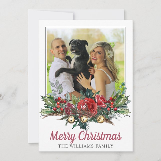 Couple And Dog Christmas Photo Botanical Holiday Card (Front)