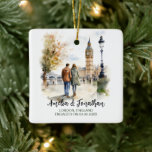 Couple at London England UK Watercolor Travel Art Ceramic Ornament<br><div class="desc">Couple at London England UK Watercolor Travel Art Ceramic Ornament. Personalise with your own text. This is another 100% original Snuggle Hamster Designs.

#TravelSouvenirOrnaments,  #HandmadeTravelKeepsakes,  #DestinationThemedOrnaments,  #OrnamentsForTravelLovers,  #UniqueTravelGiftOrnaments,  #CustomTravelOrnaments,  #TravelInspiredDecorations,  #WorldTravelCollectibles,  #OrnamentsForTravelers,  #PersonalizedTravelOrnaments</div>