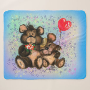 Couple Bear with Heart Balloon Sherpa Blanket Gift