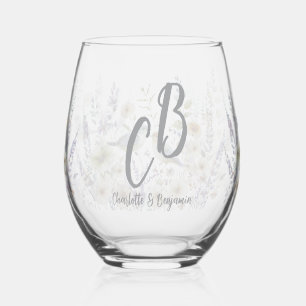 Couple Birds Monogram flowers Elegant Wedding Stemless Wine Glass