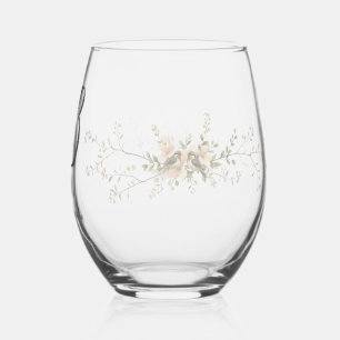 Couple Birds Monogram flowers Elegant Wedding Stemless Wine Glass