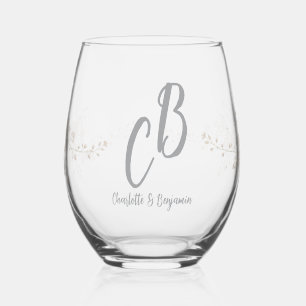 Couple Birds Monogram flowers Elegant Wedding  Stemless Wine Glass