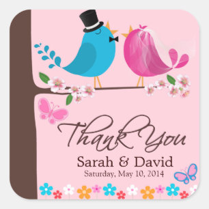 Couple birds on cherry blossom Wedding Thank You Square Sticker