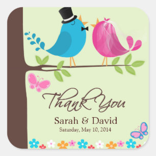 Couple Birds on Cherry Branch   Wedding Thank You Square Sticker