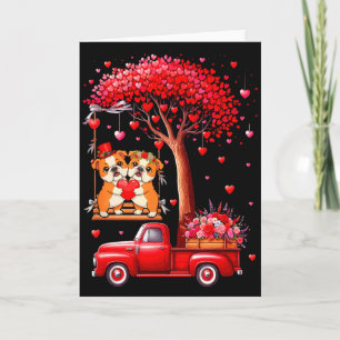 Couple Bulldogs Valentine Hearts Tree Pickup Truck Card