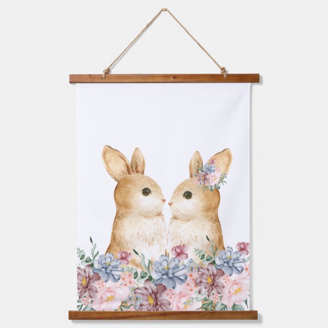 Couple Bunny Flower Woodland Nursery Decor Hanging Tapestry (Front)