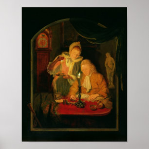 Couple counting money by candlelight, 1779 poster