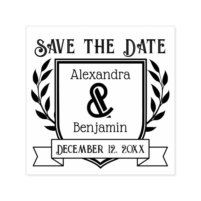 Couple Crest Ribbon Botanical Save the Date Self-inking Stamp (Design)
