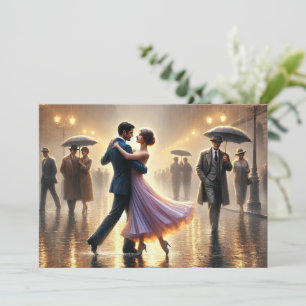 Couple dancing in the rain holiday card