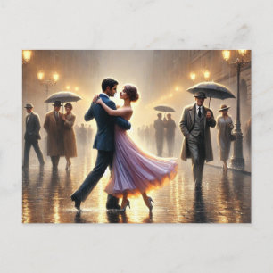 Couple dancing in the rain postcard