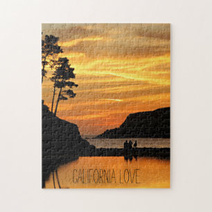 Couple & Dog Beach Sunset on California Coast Jigsaw Puzzle