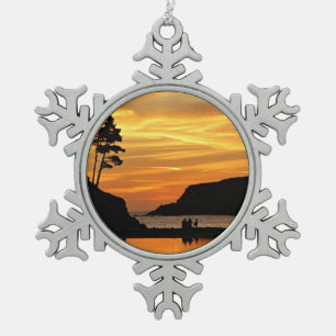 Couple & Dog Vivid Beach Sunset Silhouettes Snowflake Pewter Christmas Ornament