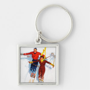 Couple Downhill Skiing Key Ring