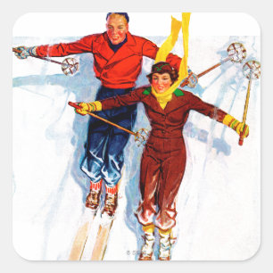 Couple Downhill Skiing Square Sticker