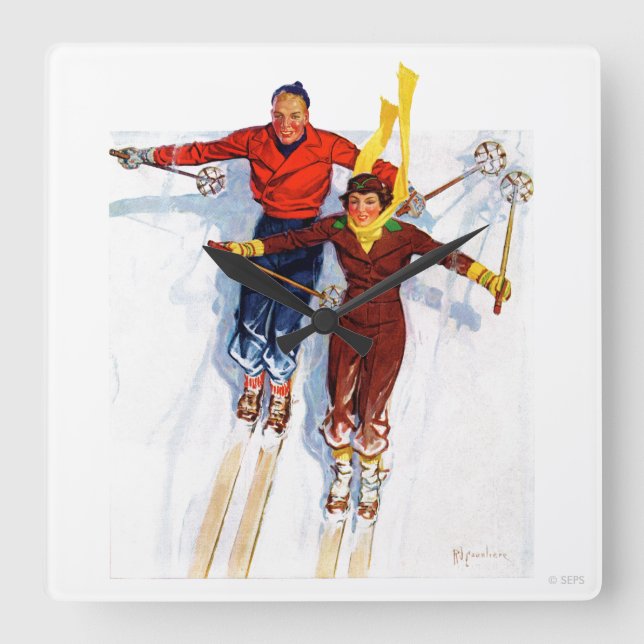 Couple Downhill Skiing Square Wall Clock (Front)