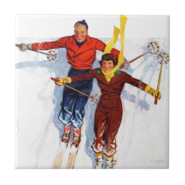Couple Downhill Skiing Tile (Front)
