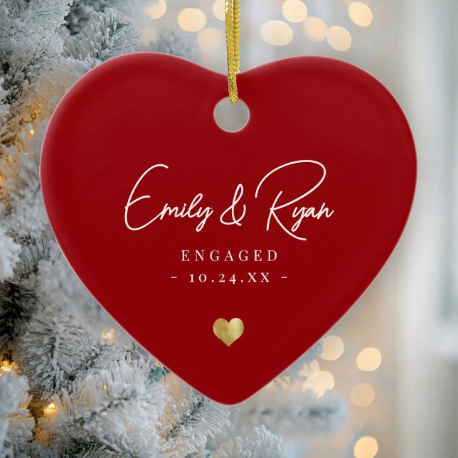 Couple Engagement Announcement Gold Heart Keepsake Ceramic Ornament (Creator Uploaded)