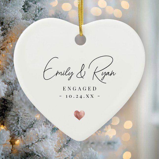 Couple Engagement First Christmas Rose Gold Heart Ceramic Ornament (Creator Uploaded)