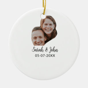 Couple face photo add name date simple wedding ceramic ornament