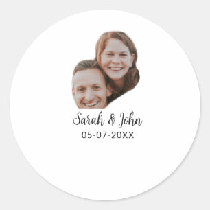Couple face photo add name date simple wedding classic round sticker