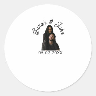 Couple face photo add name date simple wedding  classic round sticker