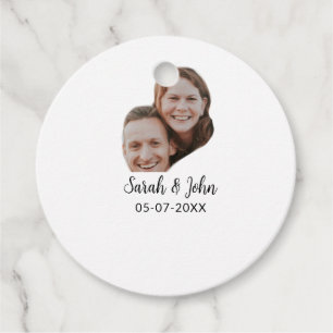 Couple face photo add name date simple wedding  favour tags