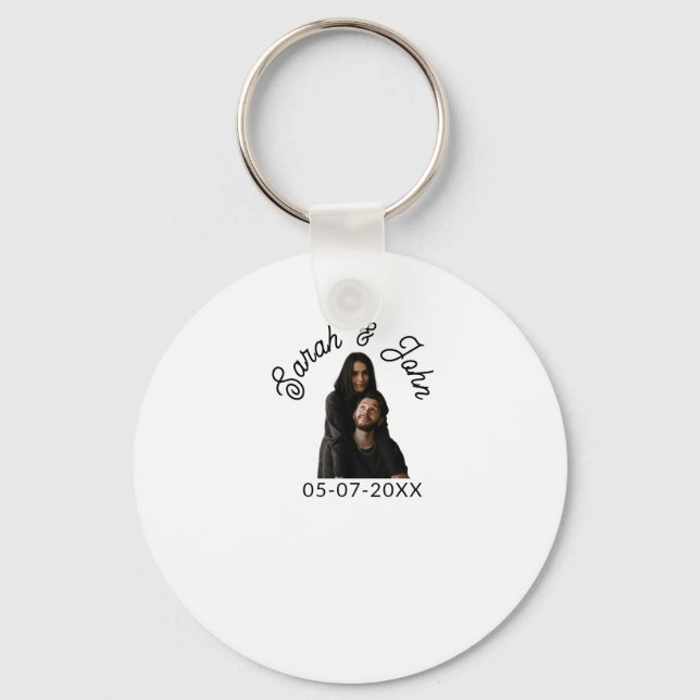 Couple face photo add name date simple wedding  key ring (Front)