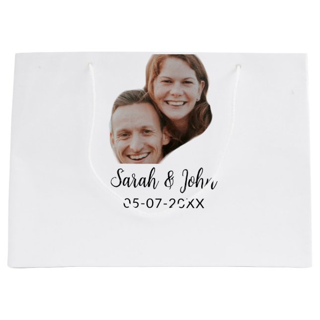 Couple face photo add name date simple wedding  large gift bag (Front)