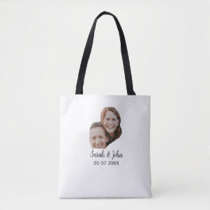 Couple face photo add name date simple wedding tote bag