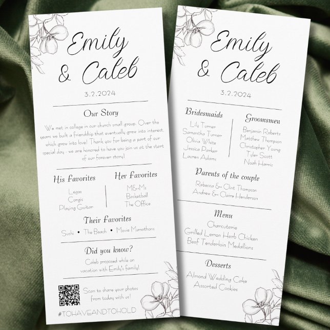 Couple Facts Black and White Floral Wedding Program (combo menu and wedding program "about us" fun facts ceremony reception photo QR code floral romantic)