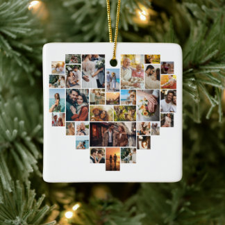 Couple Family Heart Shaped Photo Collage Ceramic Ornament