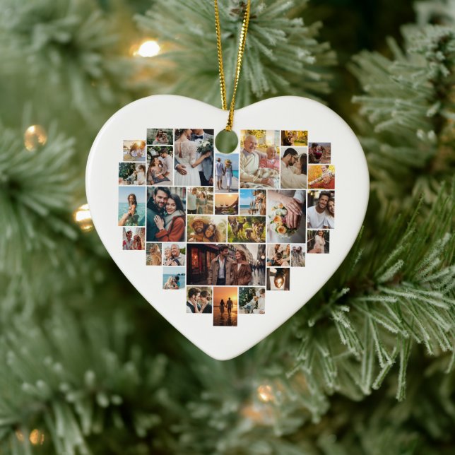 Couple Family Heart Shaped Photo Collage  Ceramic Ornament (Tree)