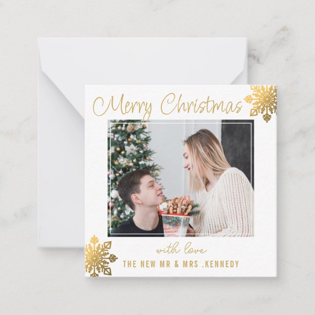 Couple First Christmas Photo Budget Gold Snowflake Card (Front)