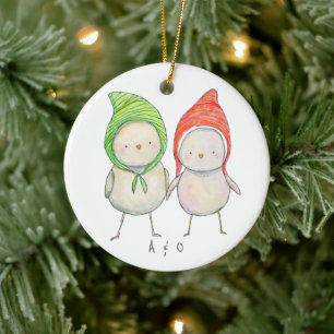 Couple Friend Christmas Together Cute Birds Custom Ceramic Ornament
