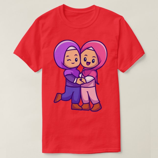 Couple Girl Moslem Celebrating Eid Mubarak Cartoon T-Shirt (Design Front)