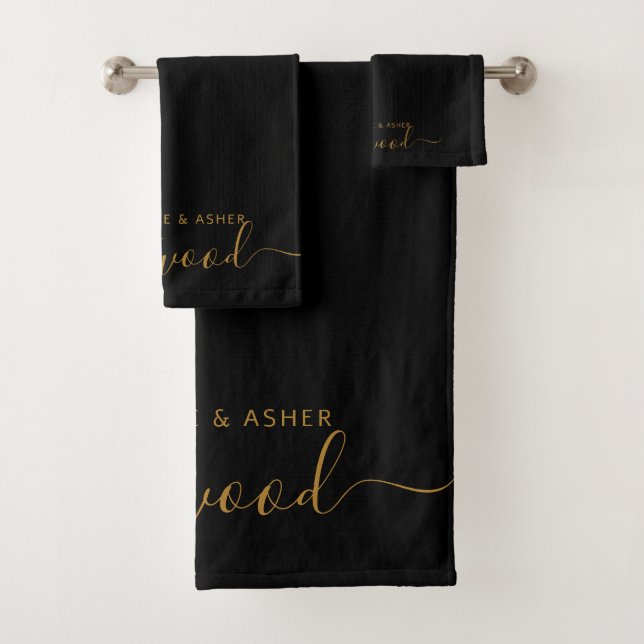 Couple Gold Monogram Black Bath Towel Set (Insitu)