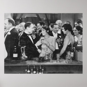 Couple having drink at crowded bar poster