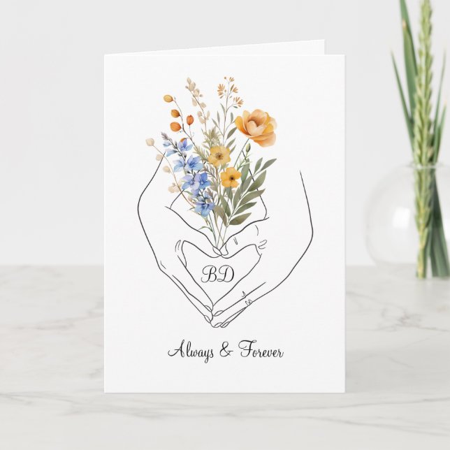 Couple Heart Hands Floral Line Art Card (Front)