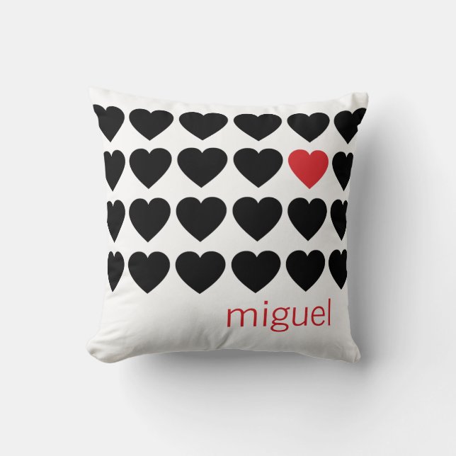 Couple Hearts Pattern Black Red Personalised Name Cushion (Front)
