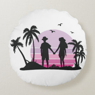 Couple Holding Hands at Sunset Round Cushion