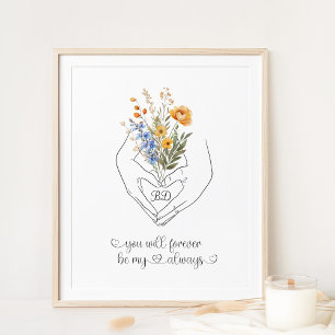 Couple Holding Hands Heart Shape Floral Line Art Poster